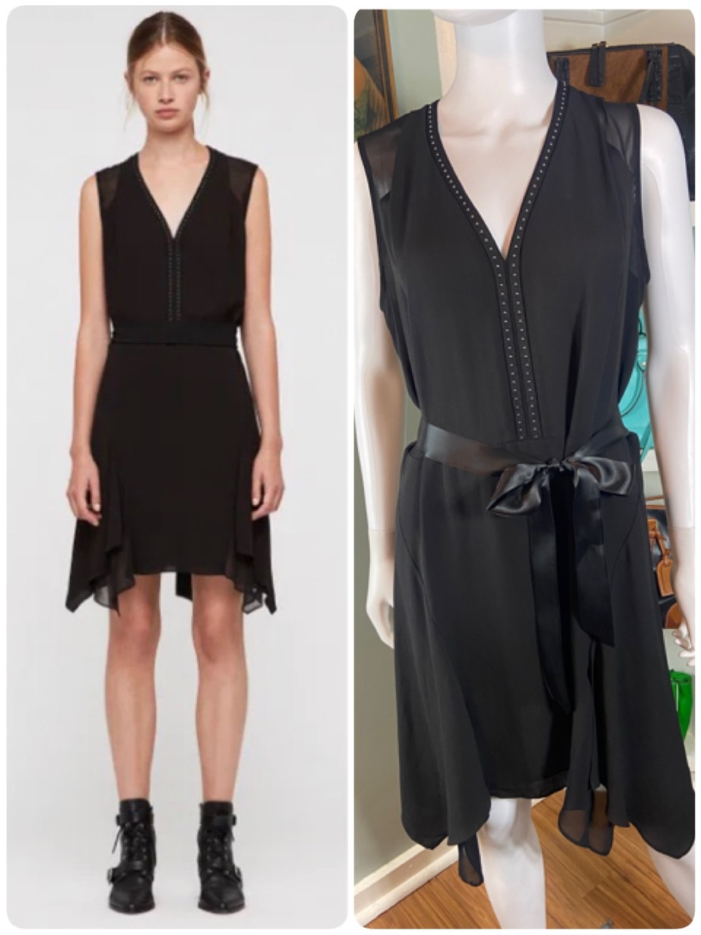 All Saints Izara Black Studded Asymmetrical V-Neck Mini Dress Sleeveless Medium